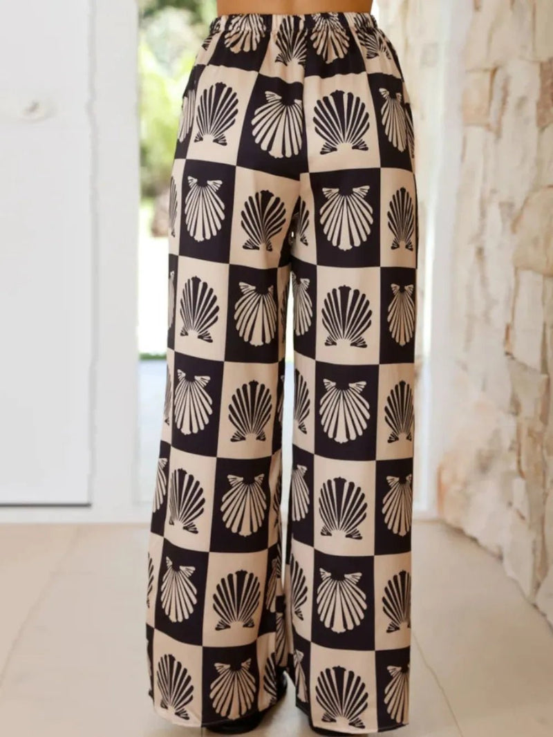 Printed Collared Neck Top and Wide Leg Pants Set - MAZONKIKI