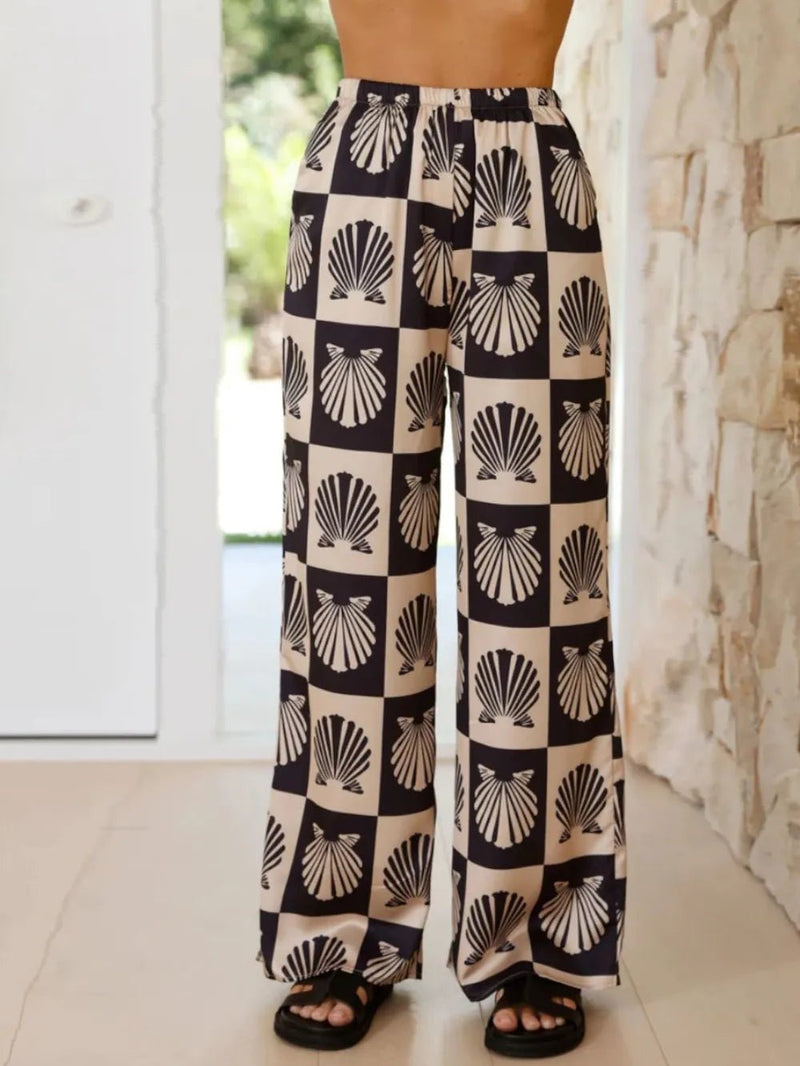 Printed Collared Neck Top and Wide Leg Pants Set - MAZONKIKI