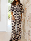 Printed Collared Neck Top and Wide Leg Pants Set - MAZONKIKI