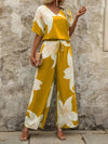Printed V - Neck Top and Wide Leg Pants Set - MAZONKIKI