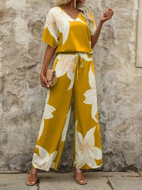 Printed V - Neck Top and Wide Leg Pants Set - MAZONKIKI