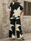 Printed V - Neck Top and Wide Leg Pants Set - MAZONKIKI