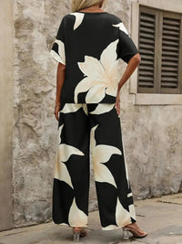 Printed V - Neck Top and Wide Leg Pants Set - MAZONKIKI