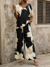 Printed V - Neck Top and Wide Leg Pants Set - MAZONKIKI
