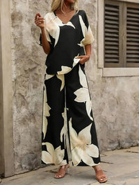 Printed V - Neck Top and Wide Leg Pants Set - MAZONKIKI