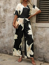 Printed V - Neck Top and Wide Leg Pants Set - MAZONKIKI