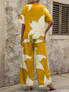 Printed V - Neck Top and Wide Leg Pants Set - MAZONKIKI
