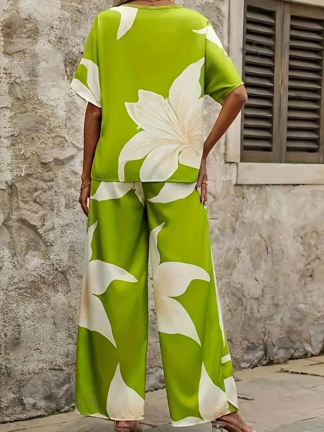 Printed V - Neck Top and Wide Leg Pants Set - MAZONKIKI