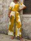 Printed V - Neck Top and Wide Leg Pants Set - MAZONKIKI