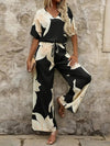 Printed V - Neck Top and Wide Leg Pants Set - MAZONKIKI
