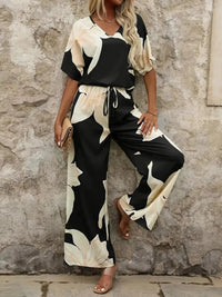 Printed V - Neck Top and Wide Leg Pants Set - MAZONKIKI