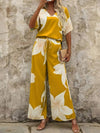 Printed V - Neck Top and Wide Leg Pants Set - MAZONKIKI