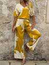 Printed V - Neck Top and Wide Leg Pants Set - MAZONKIKI