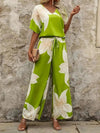 Printed V - Neck Top and Wide Leg Pants Set - MAZONKIKI
