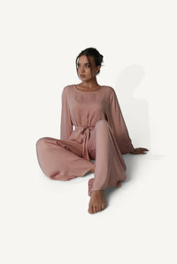 Mazonkiki Rose Dusk dusty rose bateau-neck lounge set with wide-leg pants and fabric sash belt