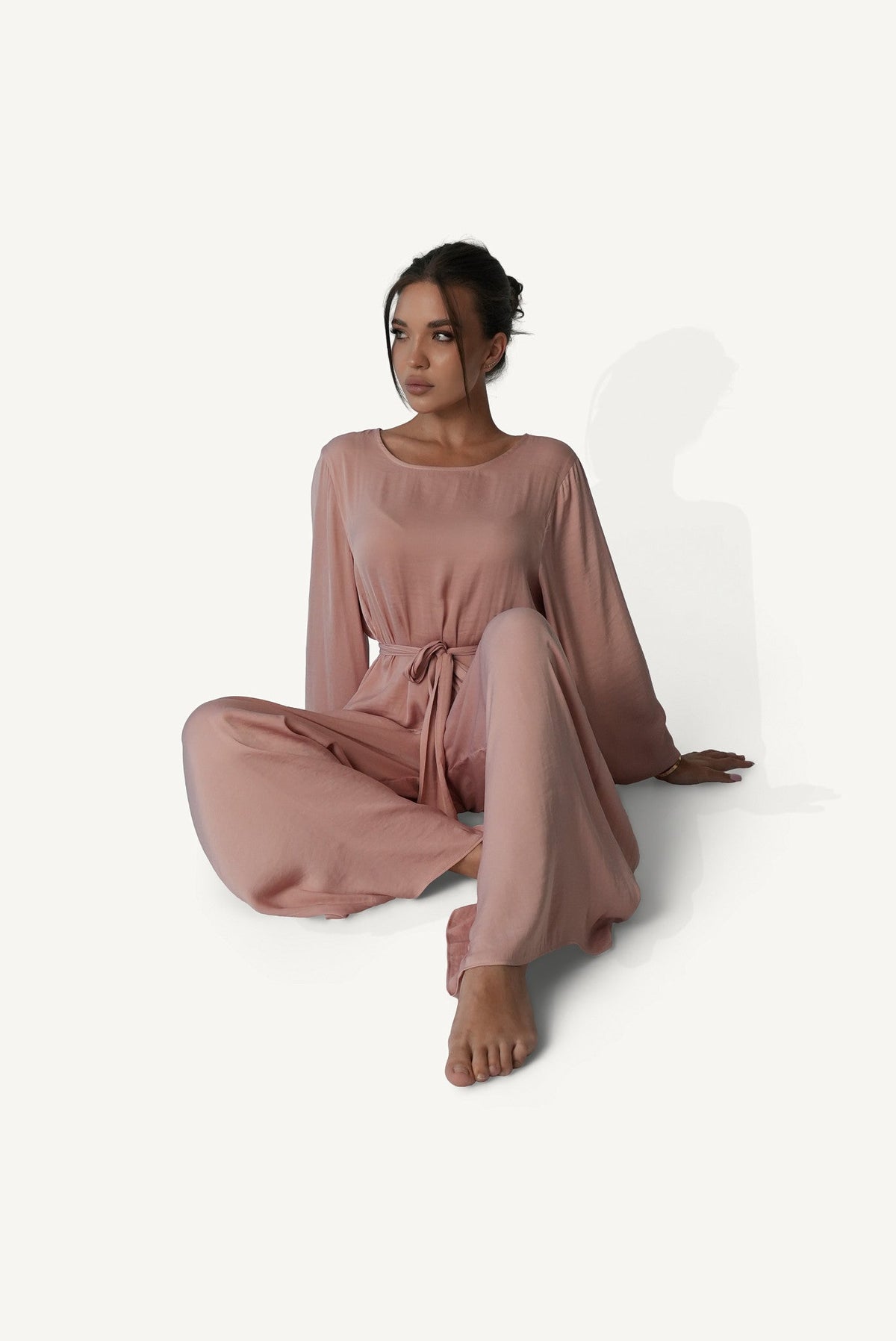 Mazonkiki Rose Dusk dusty rose bateau-neck lounge set with wide-leg pants and fabric sash belt