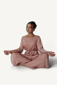 Mazonkiki Rose Dusk luxury lounge set bateau-neck top and flowing wide-leg pants in warm dusty rose