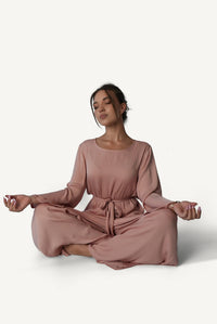 Mazonkiki Rose Dusk belted lounge set in soft dusty rose — relaxed wide-leg silhouette front view