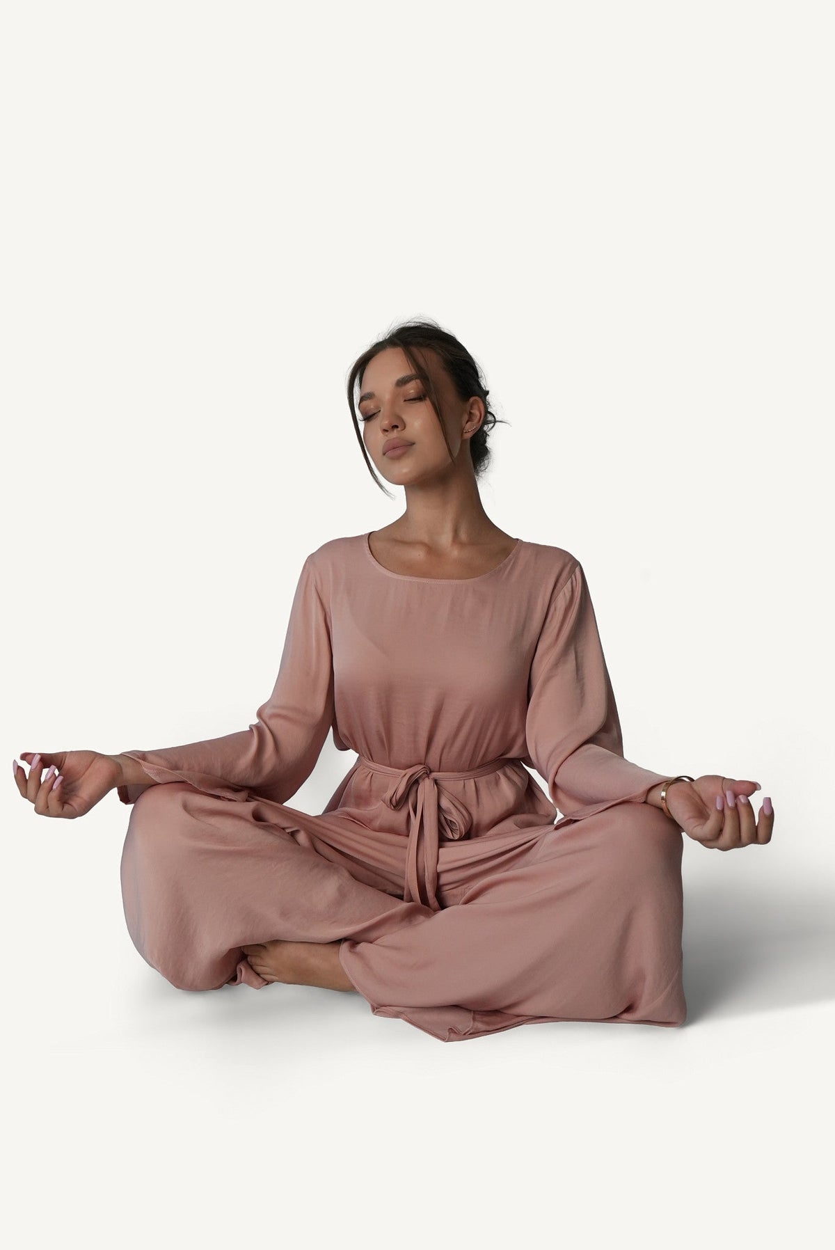 Mazonkiki Rose Dusk belted lounge set in soft dusty rose — relaxed wide-leg silhouette front view
