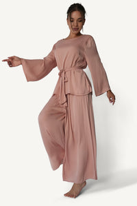 Mazonkiki Rose Dusk full-length back view of belted wide-leg lounge set in soft dusty rose fabric