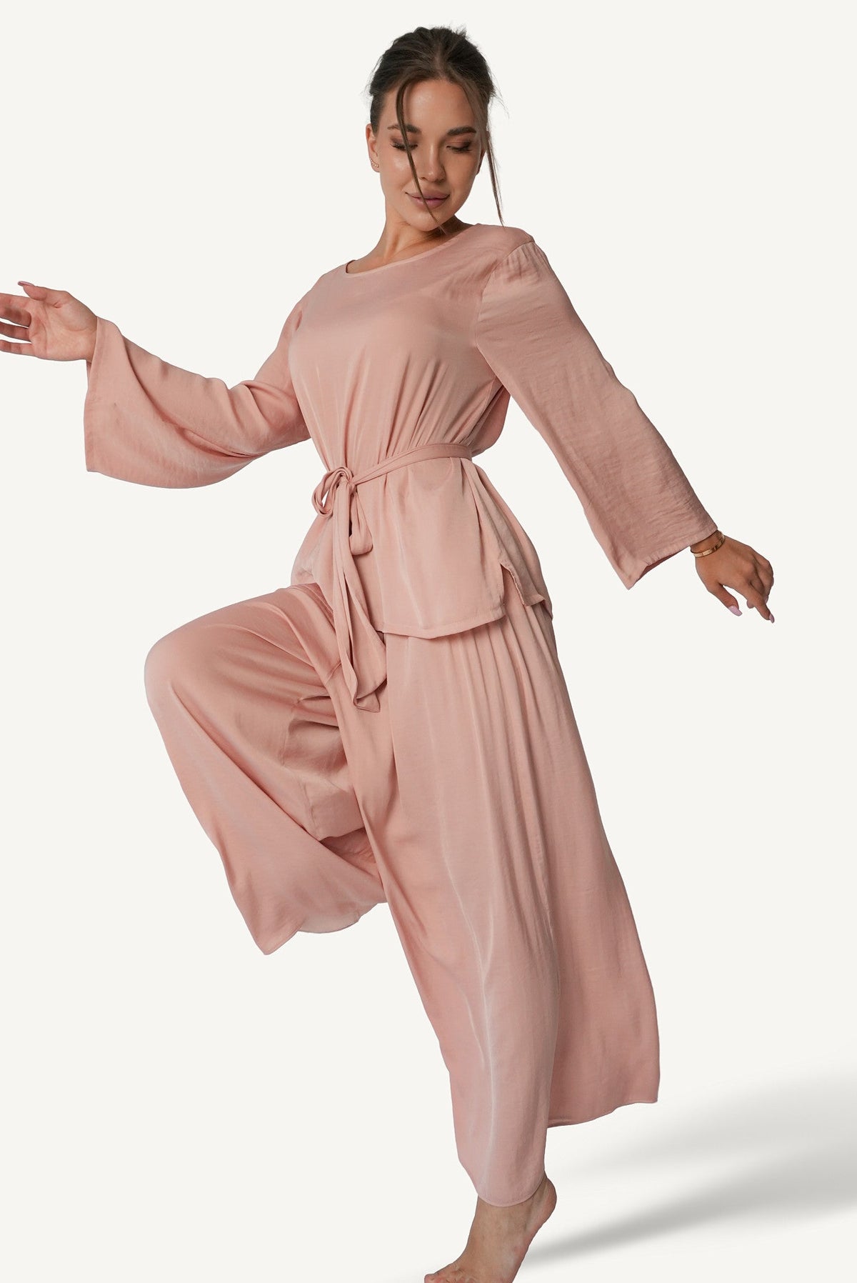 Mazonkiki Rose Dusk lounge set styled view — unhurried dusty rose silhouette in luxe loungewear