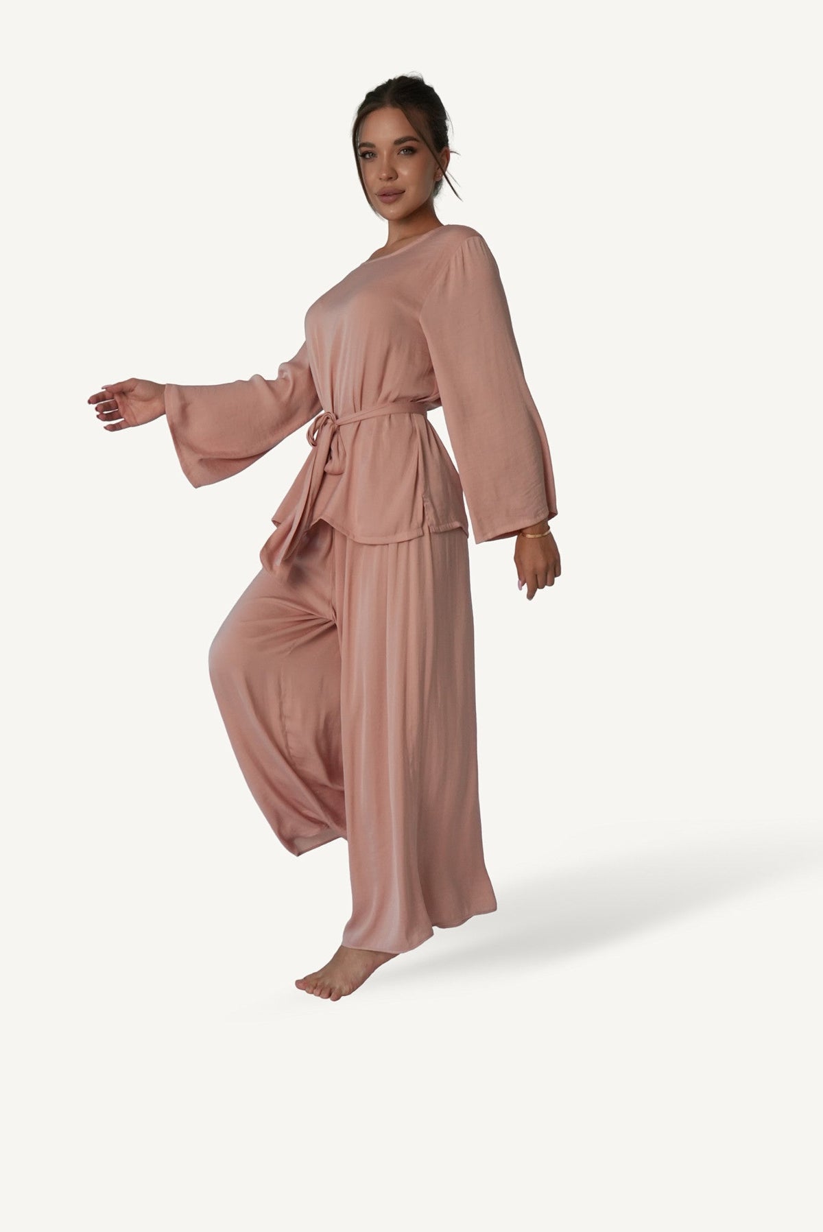 Mazonkiki Rose Dusk bateau-neck top from lounge set in warm dusty rose — refined relaxed luxury