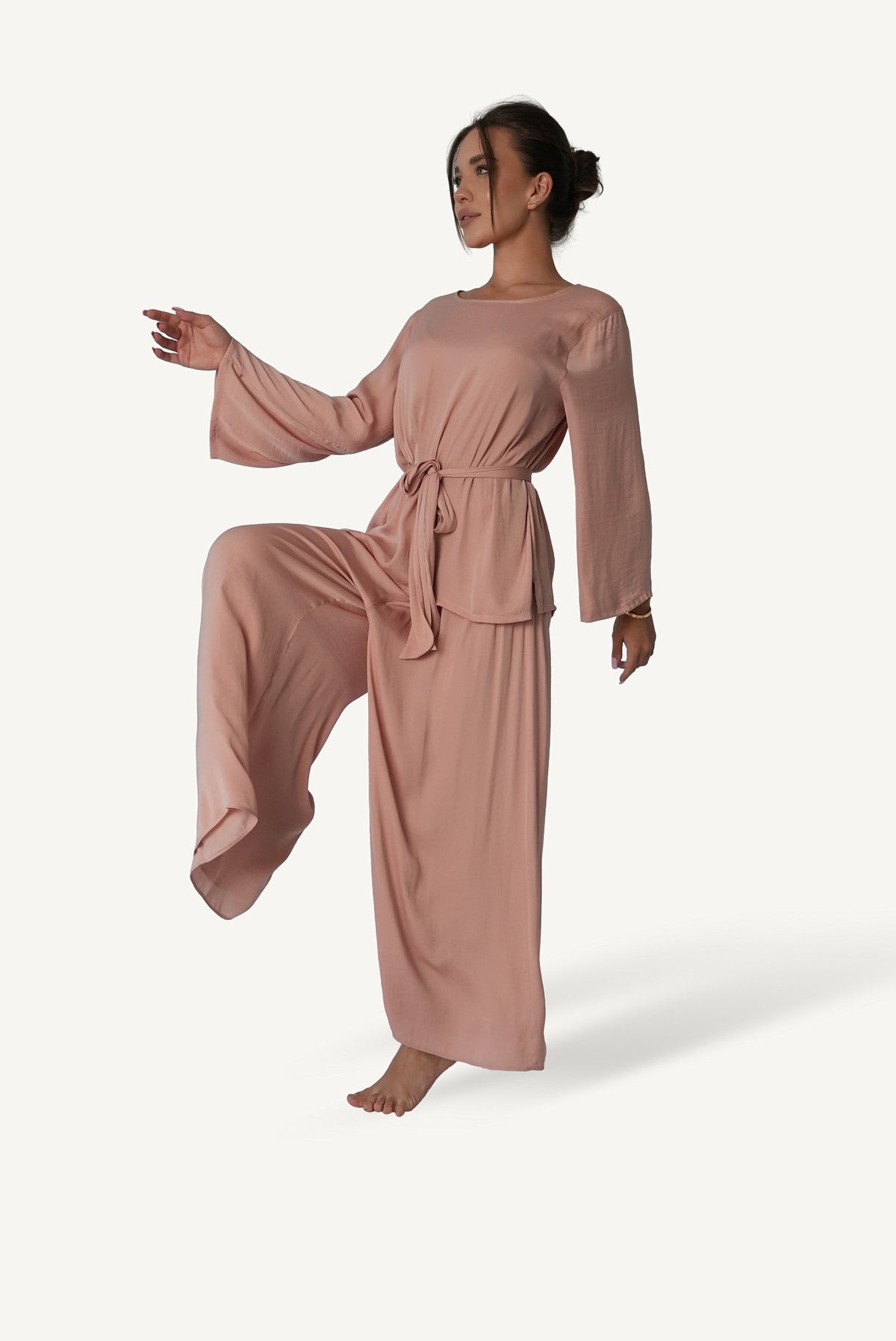 Mazonkiki Rose Dusk dusty rose wide-leg lounge pants with sash belt — elevated loungewear styling