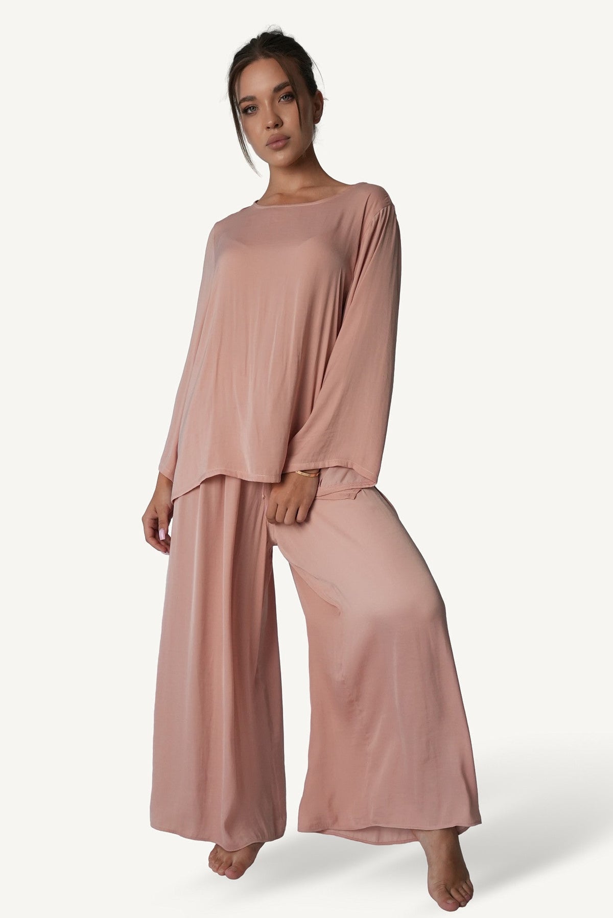 Mazonkiki Rose Dusk bateau-neck top detail — understated dusty rose fabric with refined rounded neckline