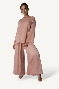 Mazonkiki Rose Dusk bateau-neck top detail — understated dusty rose fabric with refined rounded neckline