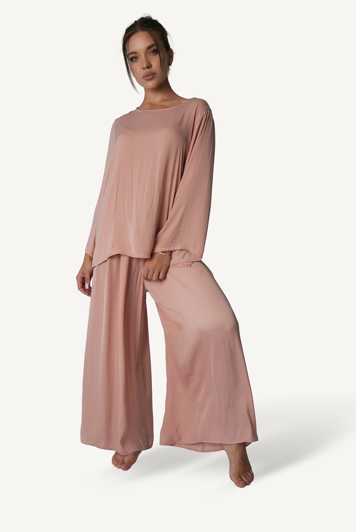Mazonkiki Rose Dusk bateau-neck top detail — understated dusty rose fabric with refined rounded neckline