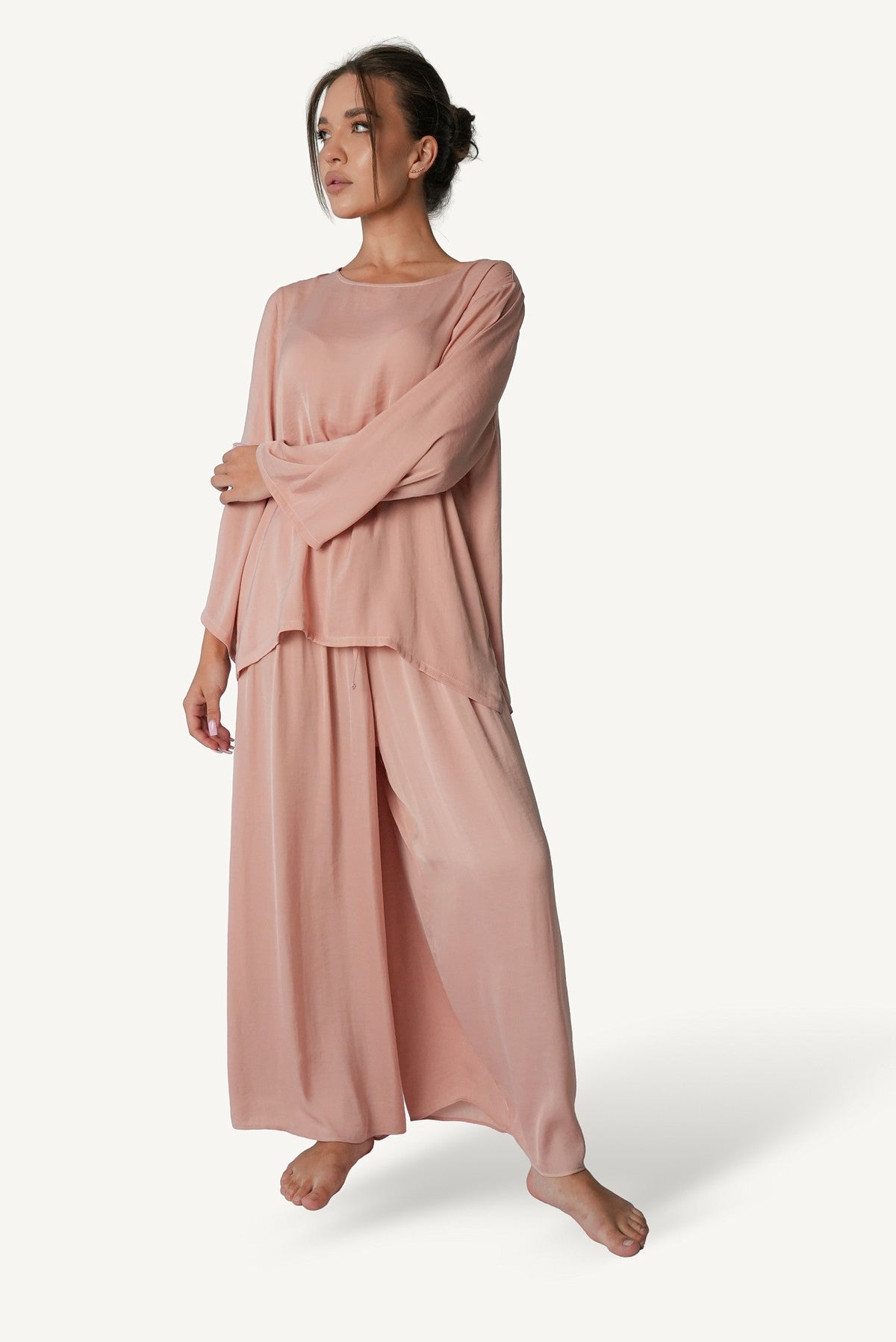 Mazonkiki Rose Dusk belted lounge set front view — soft dusty rose bateau-neck top and wide-leg pants