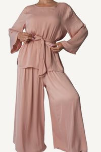 Mazonkiki Rose Dusk luxury lounge wear set — coordinated dusty rose two-piece with sash belt detail