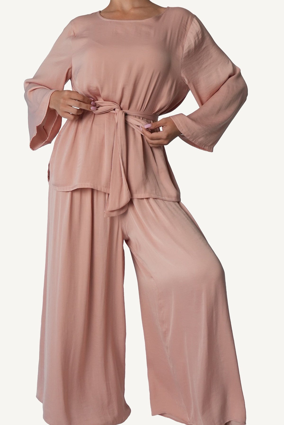 Mazonkiki Rose Dusk luxury lounge wear set — coordinated dusty rose two-piece with sash belt detail