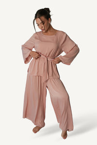 Mazonkiki Rose Dusk belted lounge set full-length — unhurried luxury silhouette in warm dusty rose tones