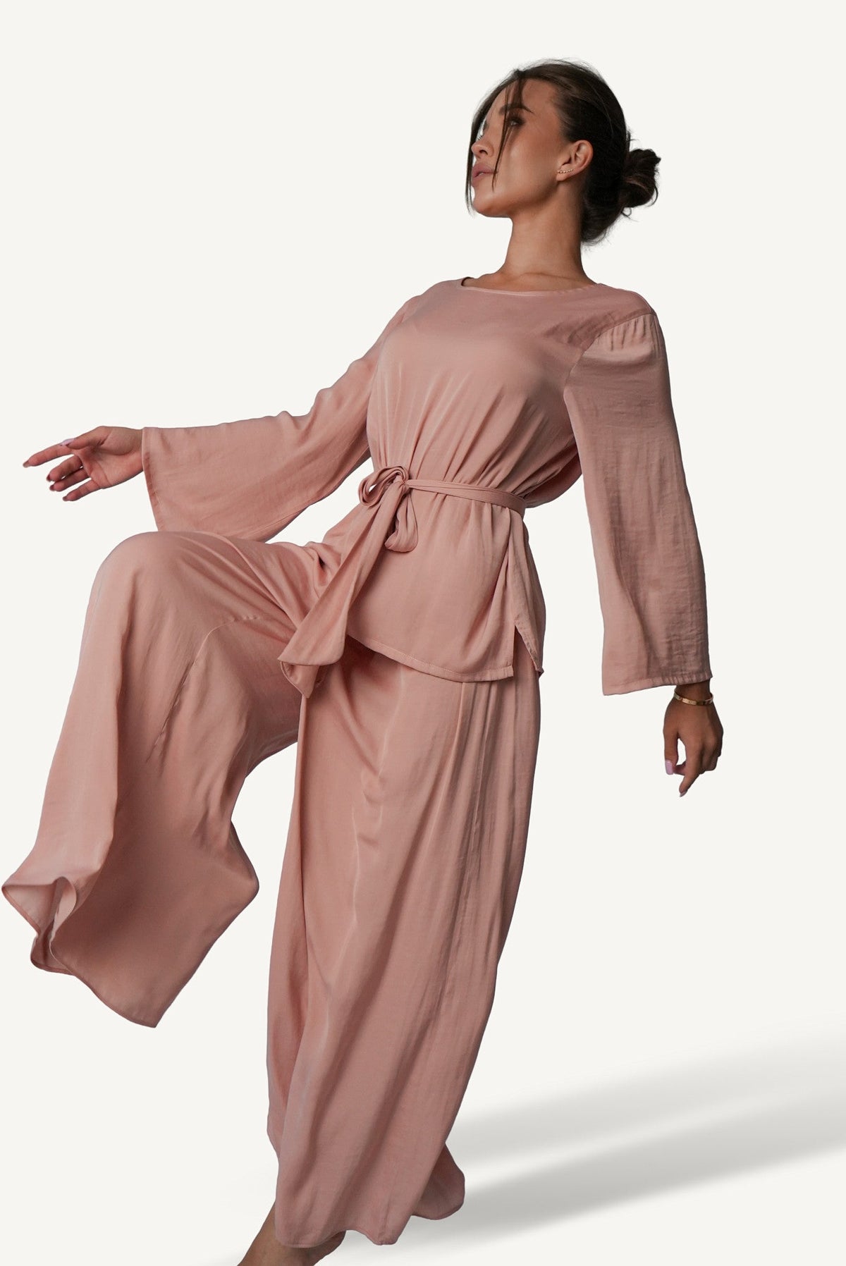 Mazonkiki Rose Dusk lounge set side profile — sweeping wide-leg pants and sash-belted waist detail