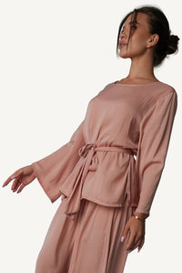 Mazonkiki Rose Dusk coordinated lounge set close-up of fabric sash belt and bateau neckline detail