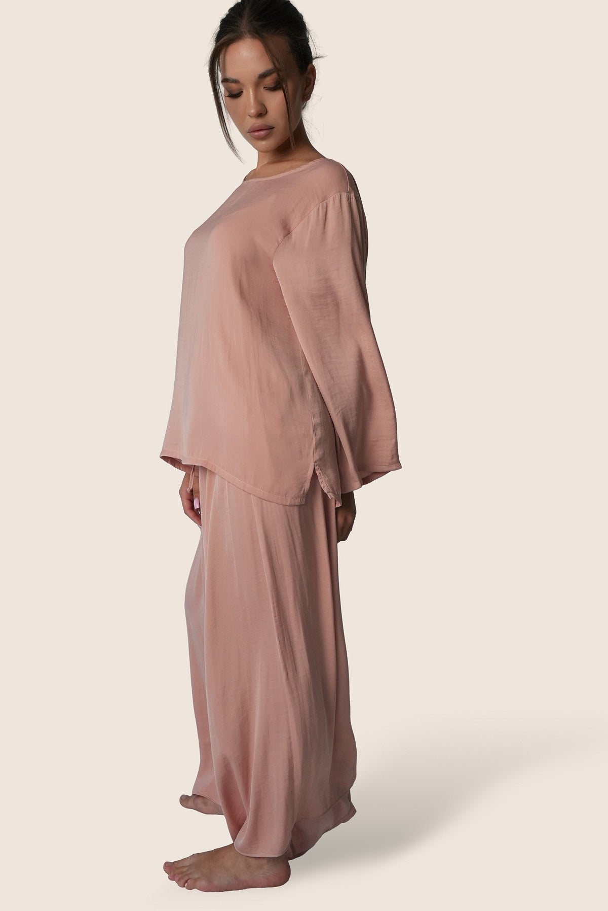 Mazonkiki Rose Dusk lounge set back view — sweeping wide-leg silhouette in warm blush rose luxury fabric