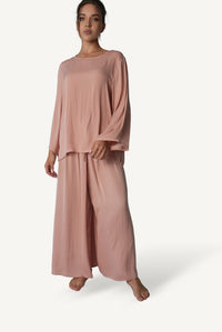 Mazonkiki Rose Dusk luxury lounge set side profile — flowing wide-leg trousers with cinched fabric sash waist