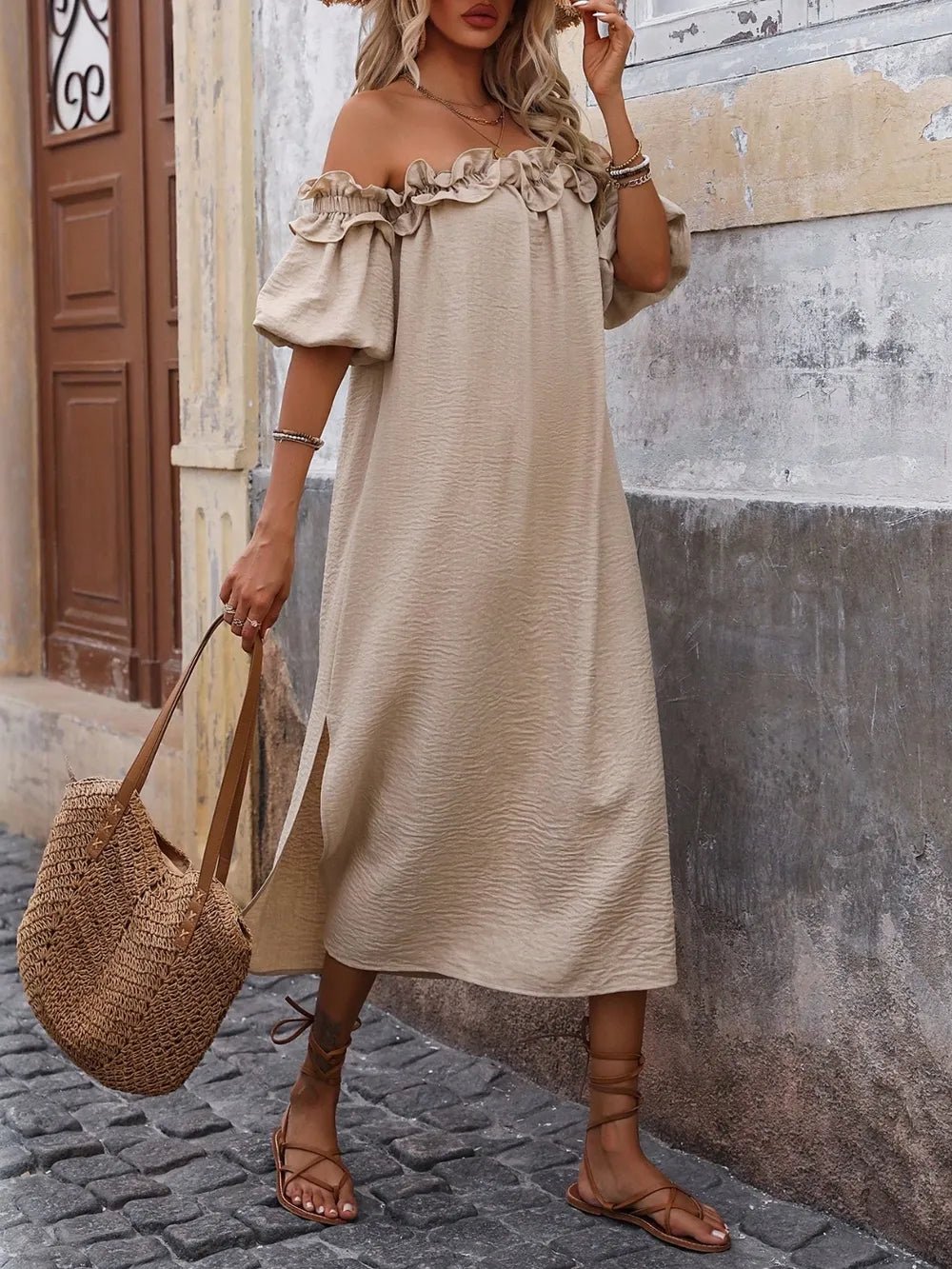 Ruffled Off - Shoulder Puff Sleeve Midi Dress - DressMAZONKIKI