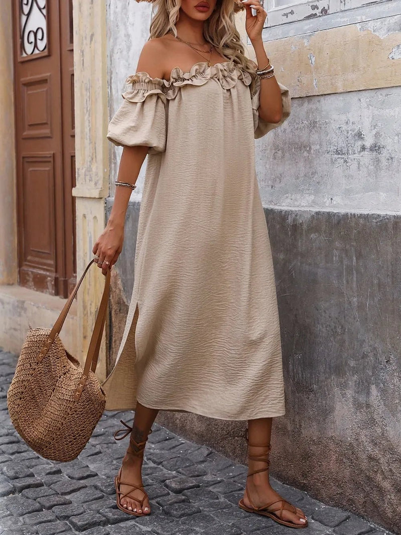 Ruffled Off - Shoulder Puff Sleeve Midi Dress - DressMAZONKIKI