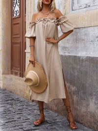 Ruffled Off - Shoulder Puff Sleeve Midi Dress - DressMAZONKIKI