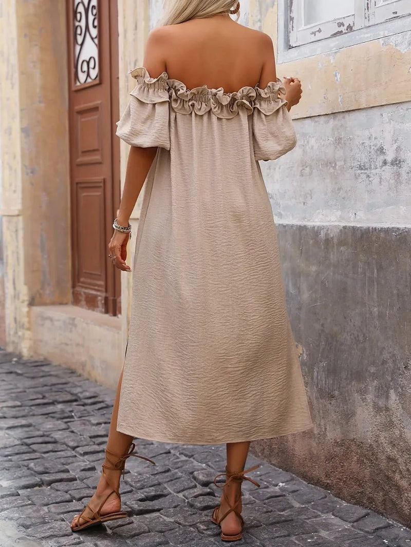 Ruffled Off - Shoulder Puff Sleeve Midi Dress - DressMAZONKIKI