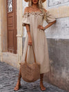 Ruffled Off - Shoulder Puff Sleeve Midi Dress - DressMAZONKIKI