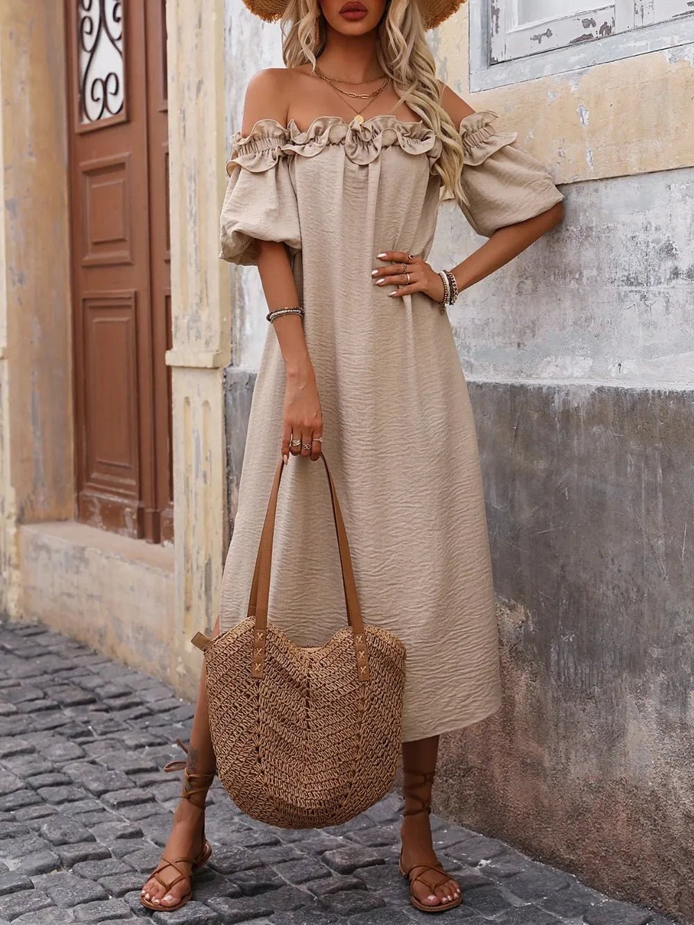 Ruffled Off - Shoulder Puff Sleeve Midi Dress - DressMAZONKIKI