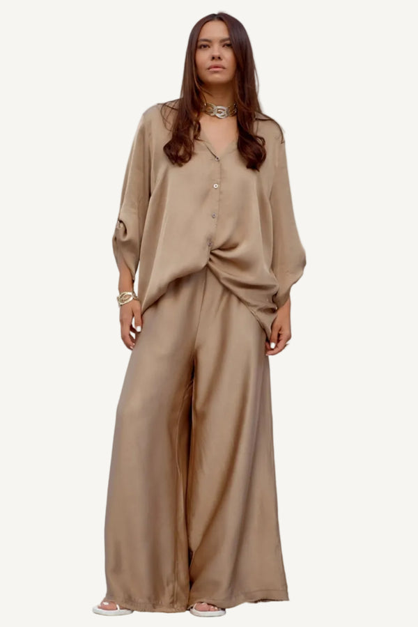 Button-Front Shirt & Wide-Leg Trouser Set