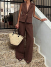 Sleeveless Blazer and Wide Leg Pants Set - MAZONKIKI